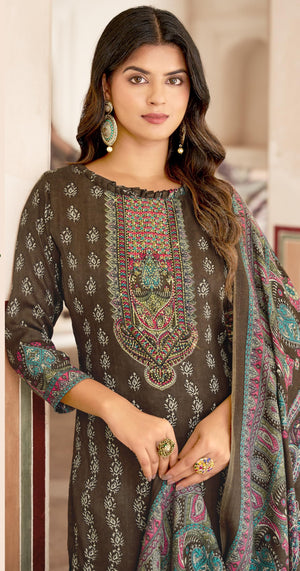DRAVINAM Trends Women's Unstitched Woolen Kashmiri Printed Siroski Work Winter wear suits for women with Shawl