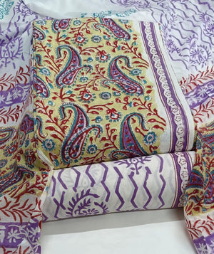 DRAVINAM Trends Hand Block Print Sanganeri Cambric Unstitched Cotton Suit Dress Material for Women with Mulmul Cotton Hand Printed Dupatta