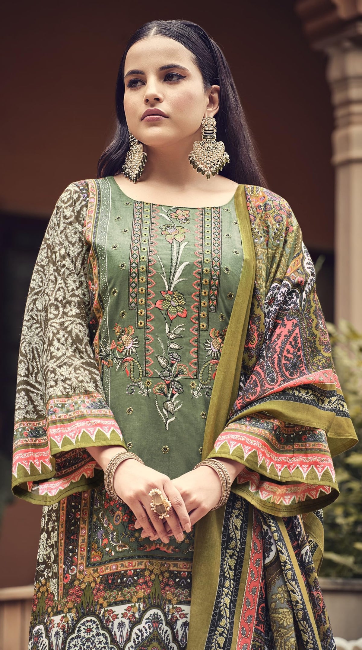 DRAVINAM Trends Unstitched Pakistani Print Embroidered Cotton Salwar Suit Dress Materials with Cotton Printed Dupatta
