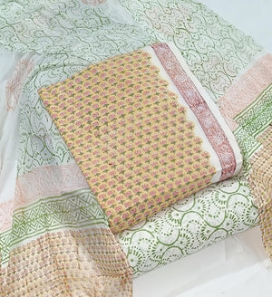 DRAVINAM Trends Hand Block Print Pure Cambric Cotton Unstitched Suit Material with Chiffon Hand Printed Dupatta