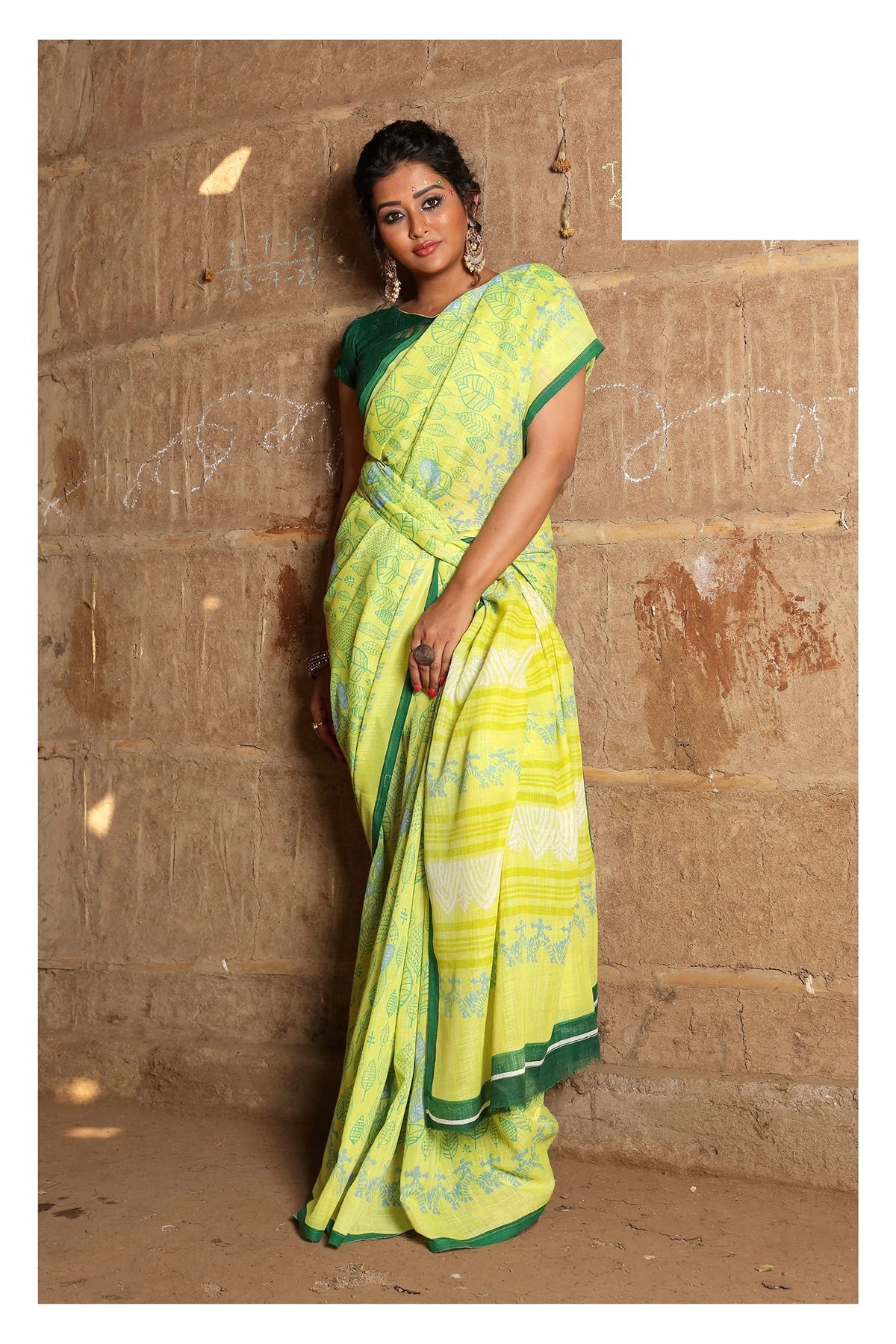 DRAVINAM Trends Women's Cotton Linen Printed Saree with Unstitched Blouse (Yellow)