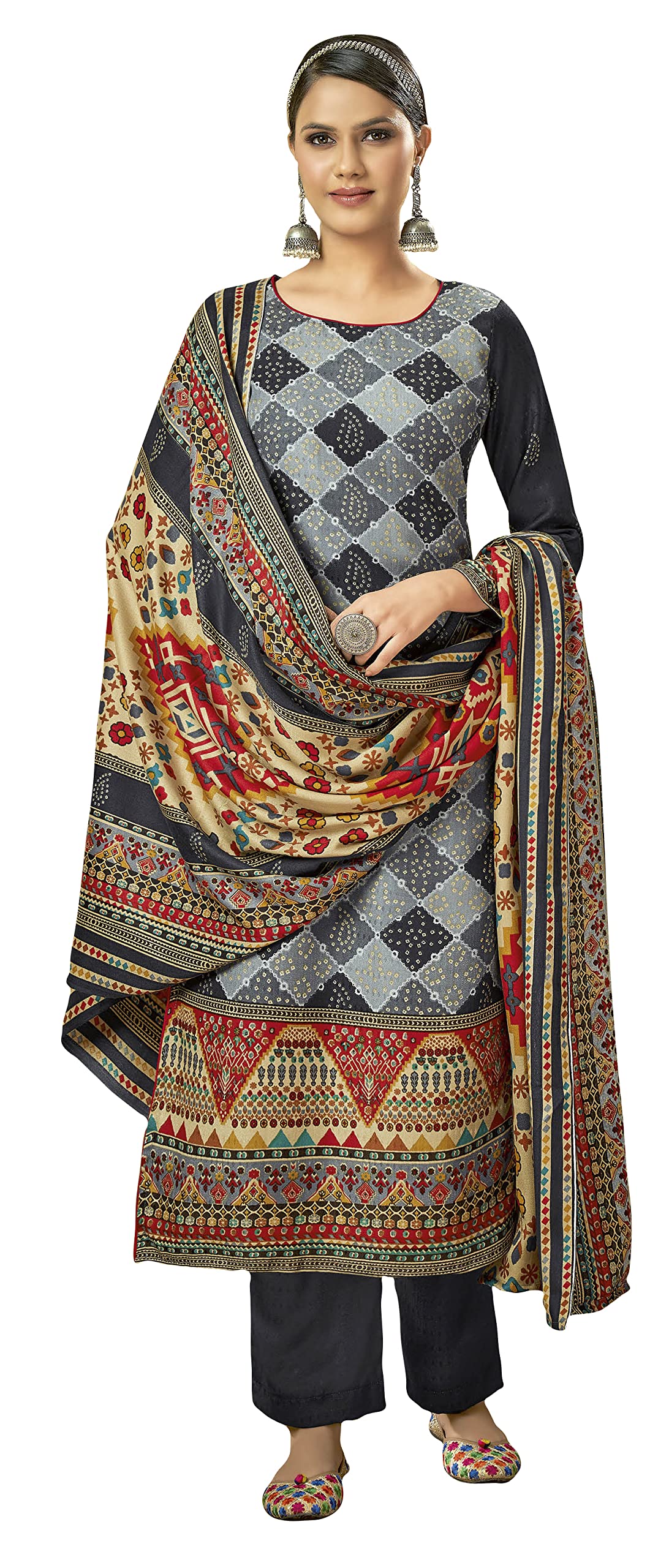 DRAVINAM Trends Women's Pure Wool Pashmina Swaroski Diamond Work Printed Salwar Suit Dress Material with Pure Wool Pashmina Printed Shawl Dupatta (Black)