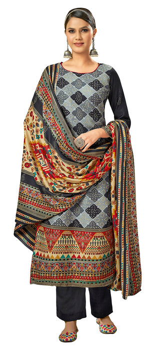 DRAVINAM Trends Women's Pure Wool Pashmina Swaroski Diamond Work Printed Salwar Suit Dress Material with Pure Wool Pashmina Printed Shawl Dupatta (Black)