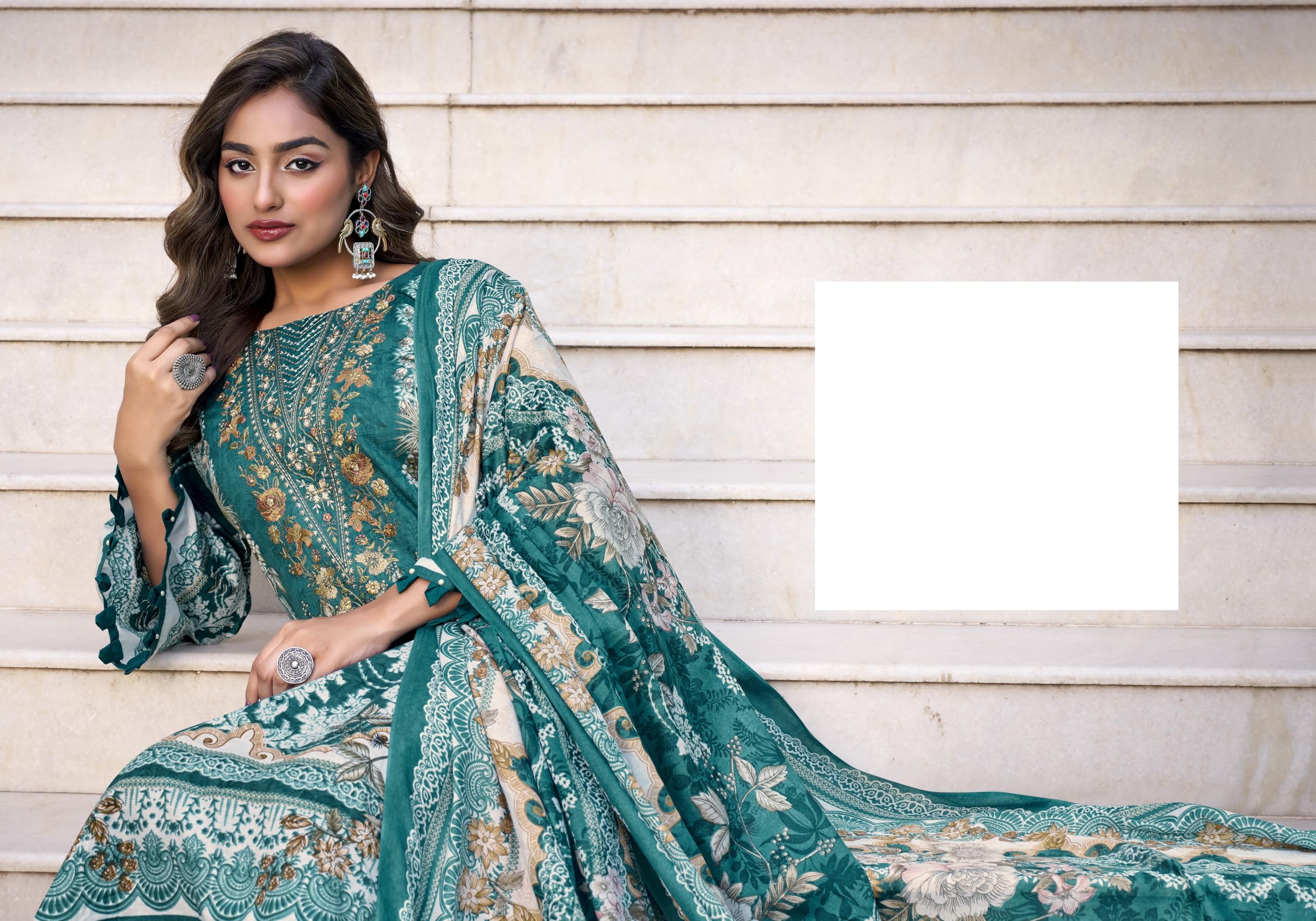 DRAVINAM Trends Women's Unstitched Cotton Suit Dress Material -Embroidered Digital Print Top II Plain Bottoms II Digital Print Dupatta