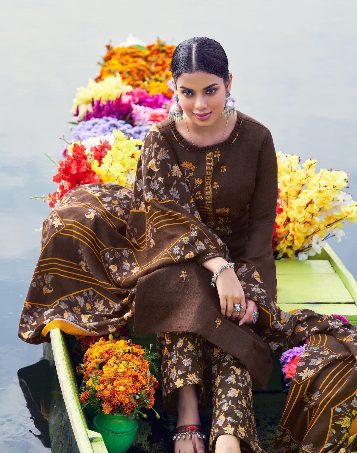 DRAVINAM Trends Women's embroidered winter wear pure pashmina wool palazzo/salwar/sharara dress material with pure pashmina shawl dupatta (Dark Brown)