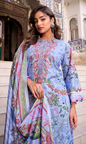 DRAVINAM Trends Women's Unstitched Cotton Suit Dress Material -Embroidered Digital Print Top II Plain Bottoms II Digital Print Dupatta