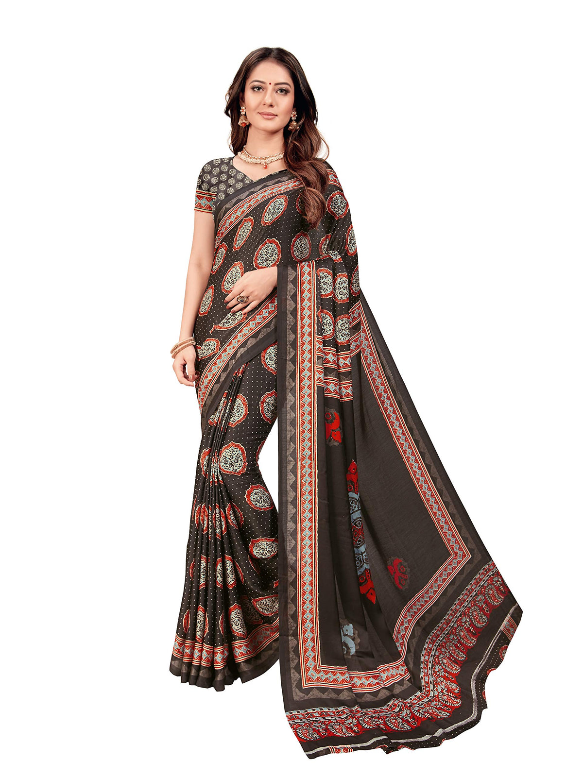 DRAVINAM Trends Women's Soft Printed Mulmul Satin Saree with Blouse Piece (Stn_2, Black and Red)