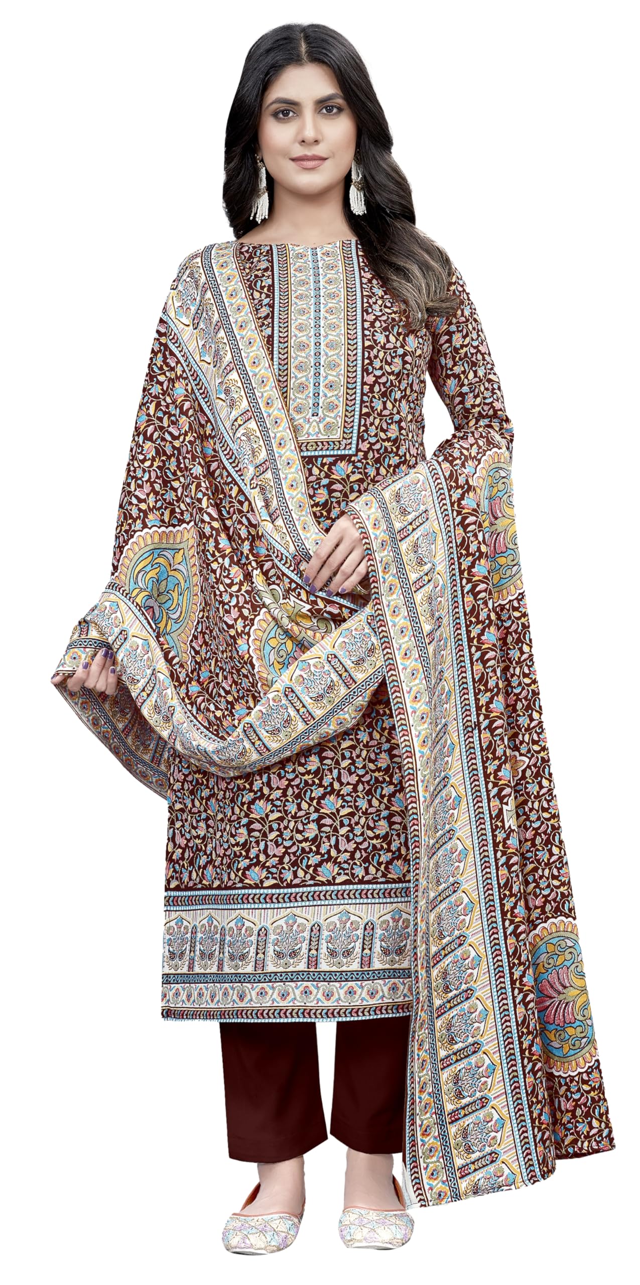 DRAVINAM Trends Heavy Spun Kani Kashmiri Printed Unstitched Salwar Suit for Women with Siroski Work and Pashmina Shawl Dupatta
