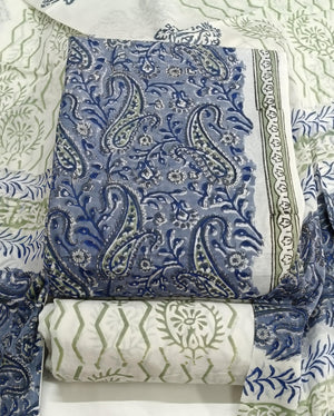 DRAVINAM Trends Hand Block Print Sanganeri Cambric Unstitched Cotton Suit Dress Material for Women with Mulmul Cotton Hand Printed Dupatta