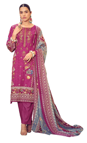 DRAVINAM Trends Unstitched Pakistani Print Embroidered Cotton Suit Dress Materials with Printed Cotton Dupatta