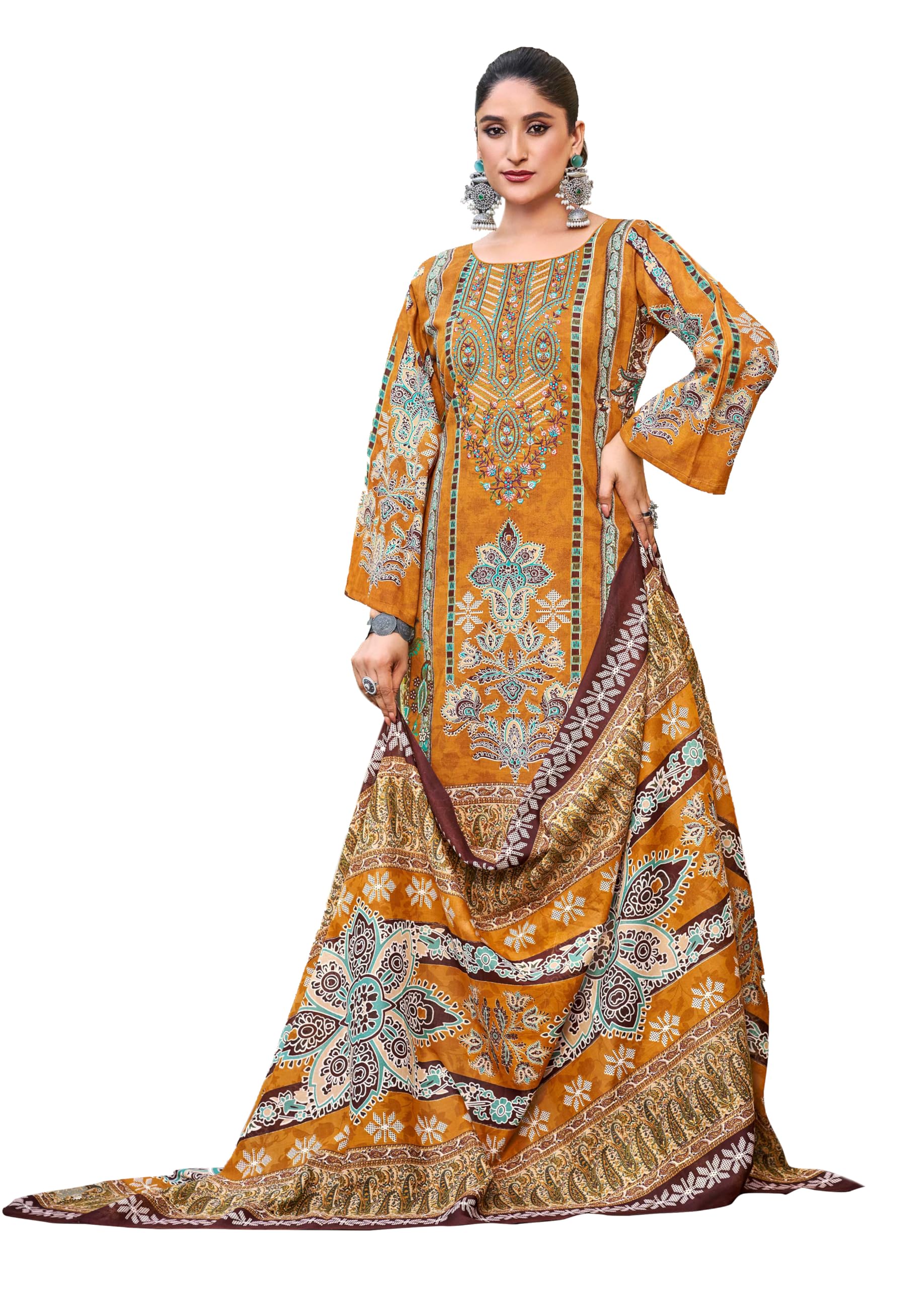 DRAVINAM Trends Women's Pure Lawn Cotton Pakistani Embroidered Suit Dress Material with Unstitched Bottoms and Cotton Dupatta