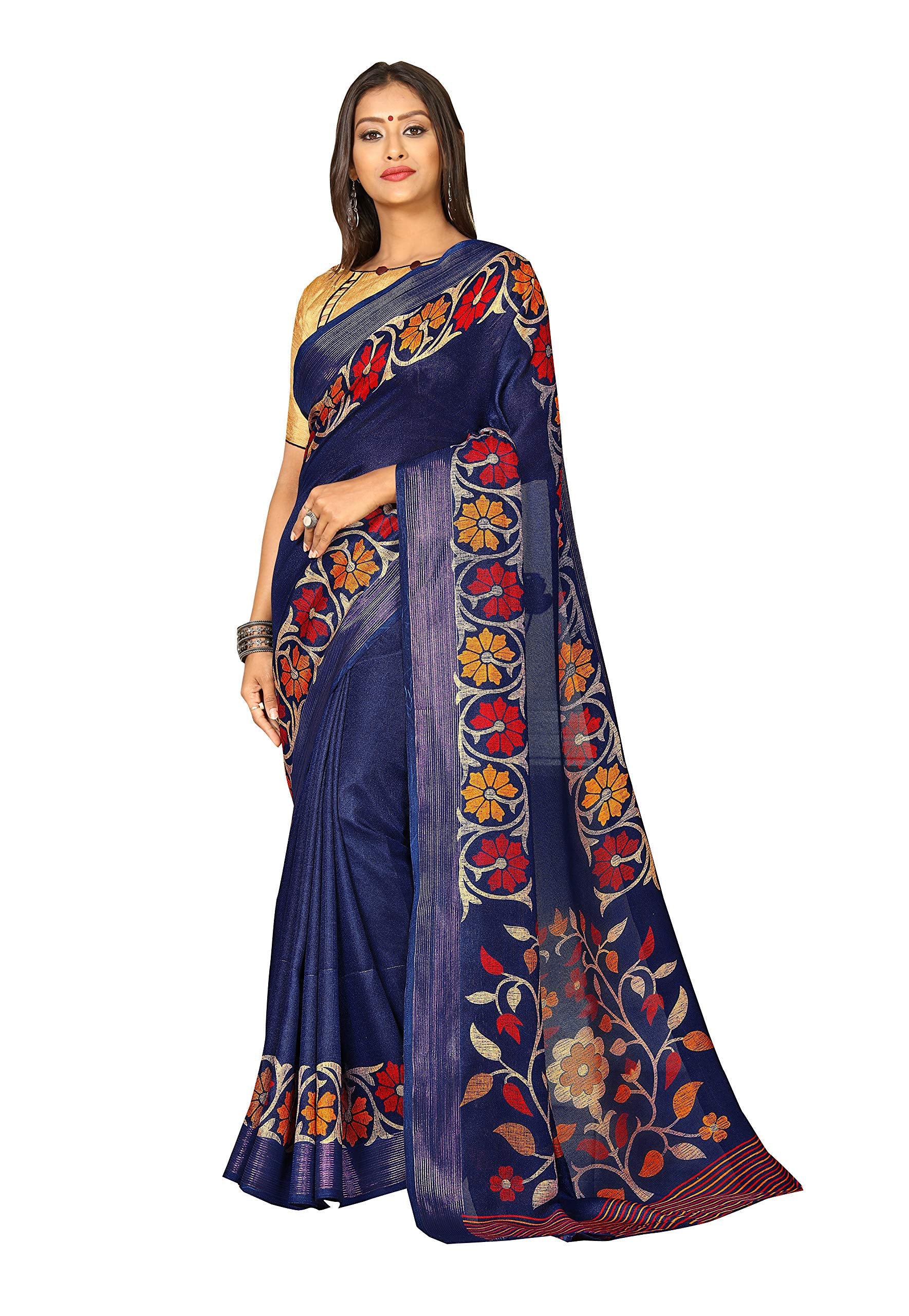 DRAVINAM Trends Women's Khadi Linen Saree With Un-stitched Blouse (SareePe_10_Gold & Blue)