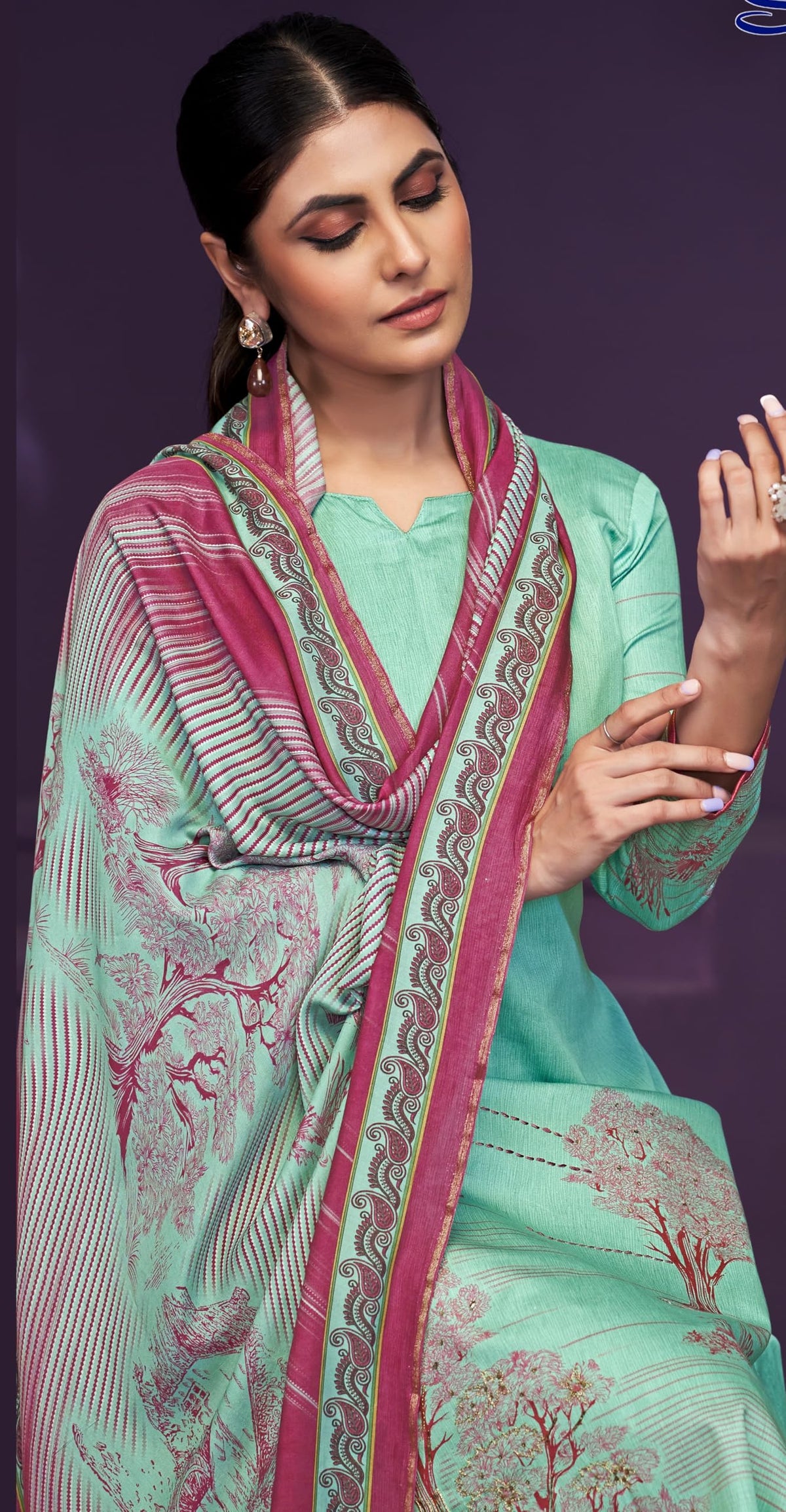 Women's Unstitch Premium Maslin Suit Dress Material II Digital Printed Pure Maslin Top Fabric with Hand work & Gota Detailing II Viscose Rayon Bottom II Digital Printed Viscose Maslin Dupatta