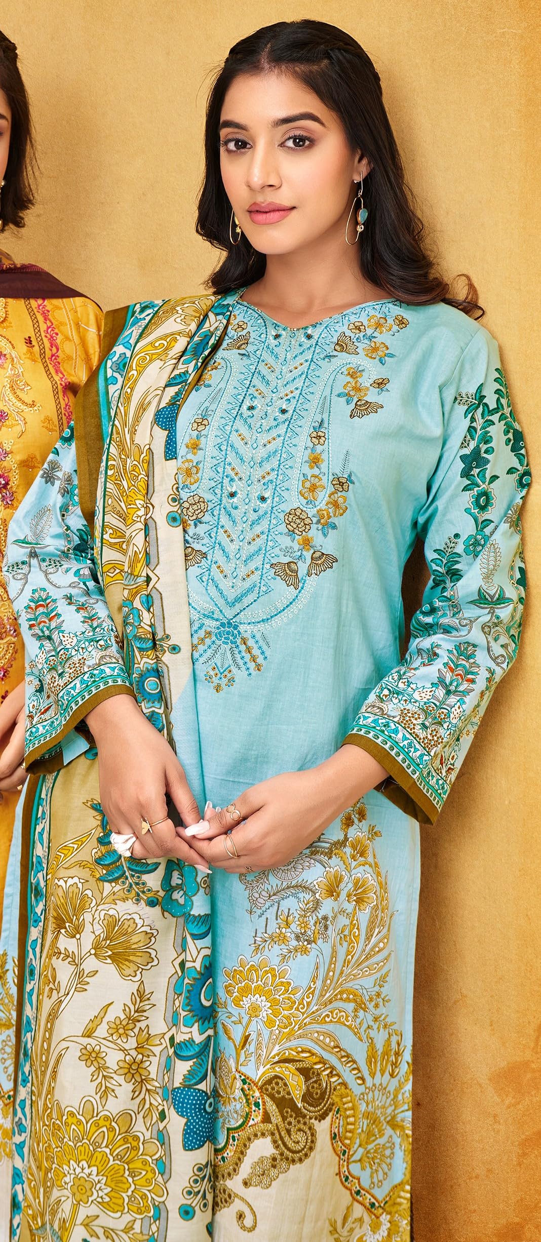 DRAVINAM Trends Lawn Cotton Pakistani Embroidered Suit Dress Material with Unstitched Bottoms and Cotton Dupatta