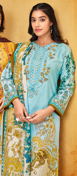 DRAVINAM Trends Lawn Cotton Pakistani Embroidered Suit Dress Material with Unstitched Bottoms and Cotton Dupatta