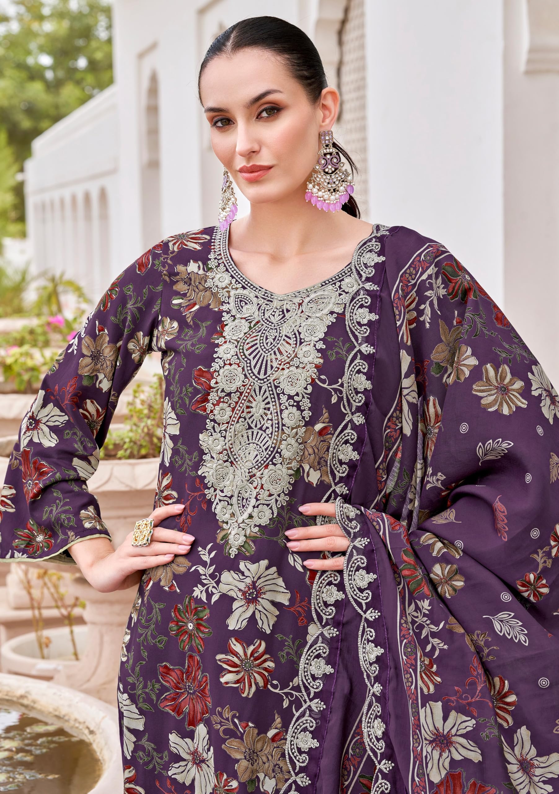 DRAVINAM Trends Pure Viscose Rayon Discharge Foil Printed Fancy Embroidered Daman Lace Suit Dress Material with Unstitched Rayon Bottoms and Cotton Embroidered Dupatta