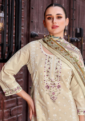 DRAVINAM Trends Women's Exquisite Unstitched Viscose Cambric Lawn Cotton Suit Dress Material with Embroidered Daman & Sleeves | Stylish Pure Cotton Digital Print Dupatta & Solid Bottoms