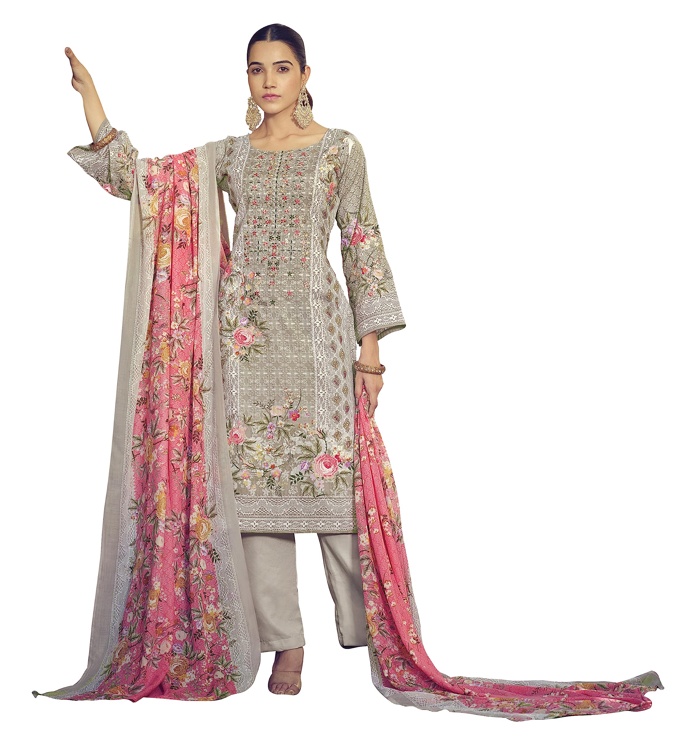 DRAVINAM Trends Unstitched Pakistani Print Embroidered Cotton Suit Dress Materials with Printed Cotton Dupatta