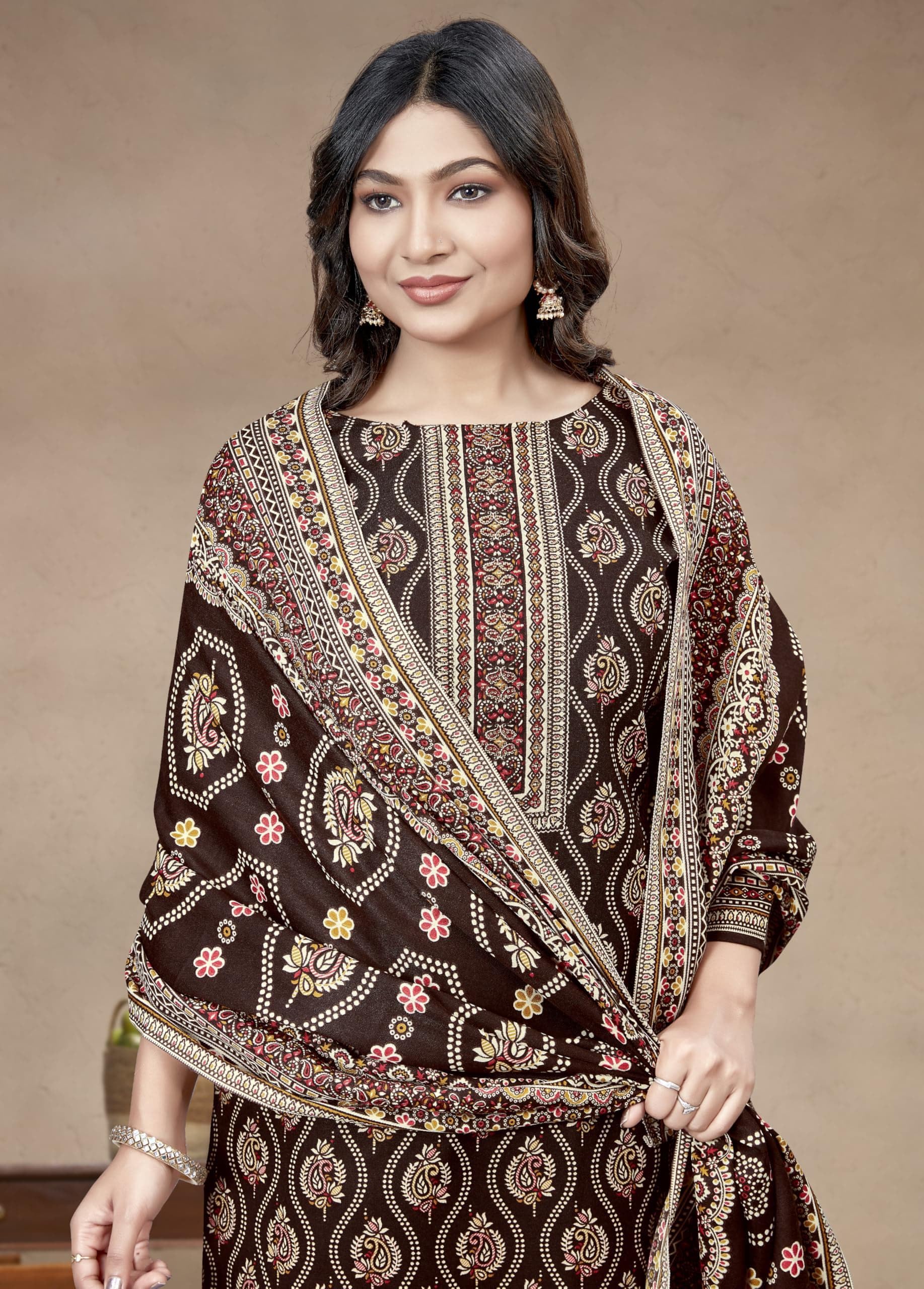 DRAVINAM Trends Heavy Pashmina Spun Digital Style Kani Kashmiri Printed Unstitched Salwar Suit for Women with Siroski Work and Printed Pashmina Shawl Dupatta