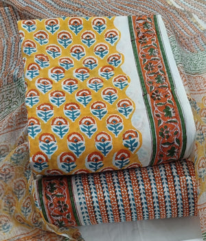 DRAVINAM Trends Sanganeri Hand Block Print Pure Cambric Unstitched Cotton Suit Dress Material with Kota Doriya Hand Printed Dupatta