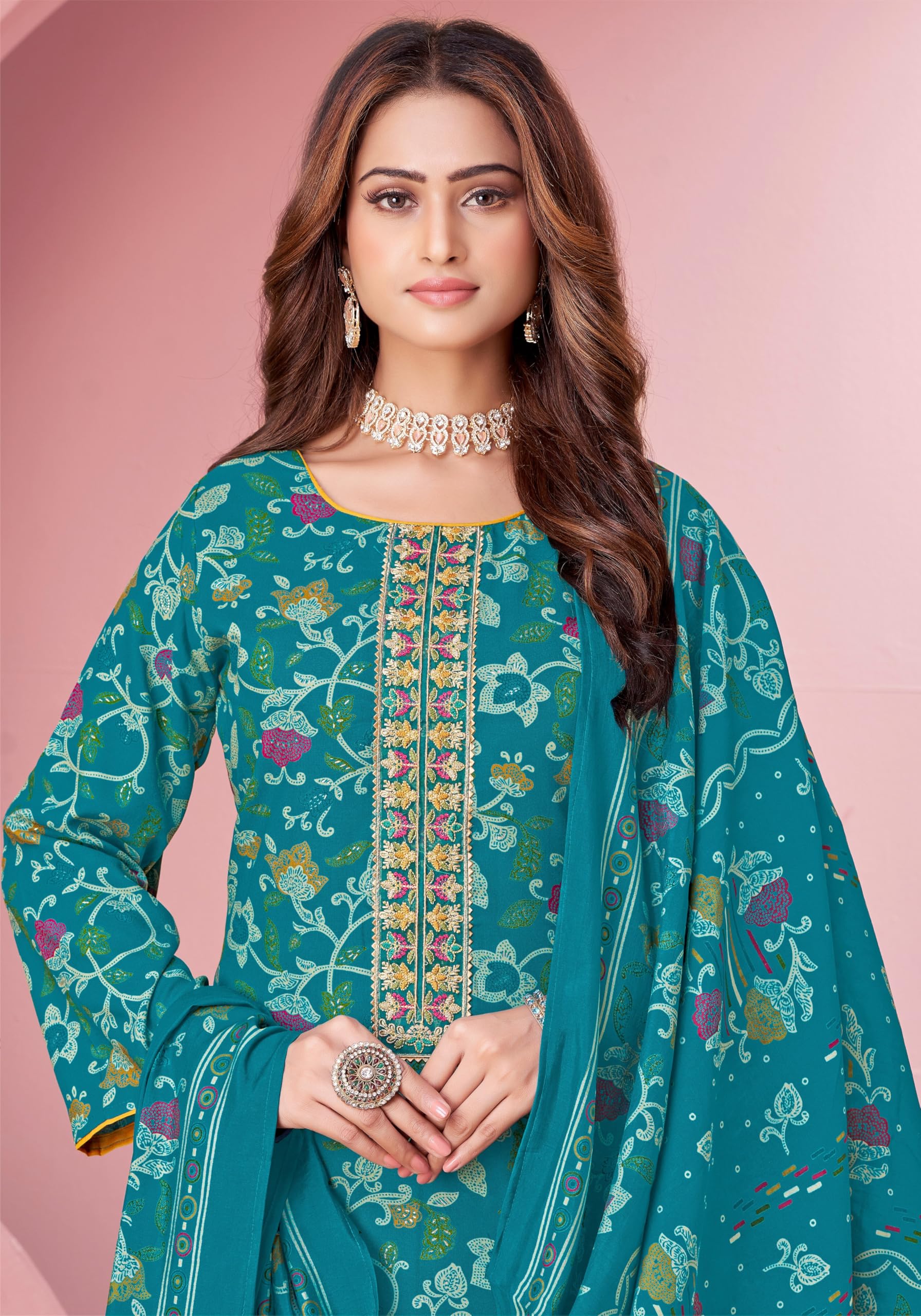 DRAVINAM Trends Pure Viscose Rayon Cotton Discharge Foil Printed Fancy Embroidered Suit Dress Material with Unstitched Bottoms and Cotton Silk Printed Dupatta
