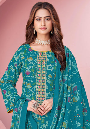 DRAVINAM Trends Pure Viscose Rayon Cotton Discharge Foil Printed Fancy Embroidered Suit Dress Material with Unstitched Bottoms and Cotton Silk Printed Dupatta