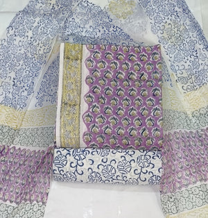 DRAVINAM Trends Hand Paint Pure Cambric Cotton Unstitched Suit Material with Chiffon Hand Printed Dupatta