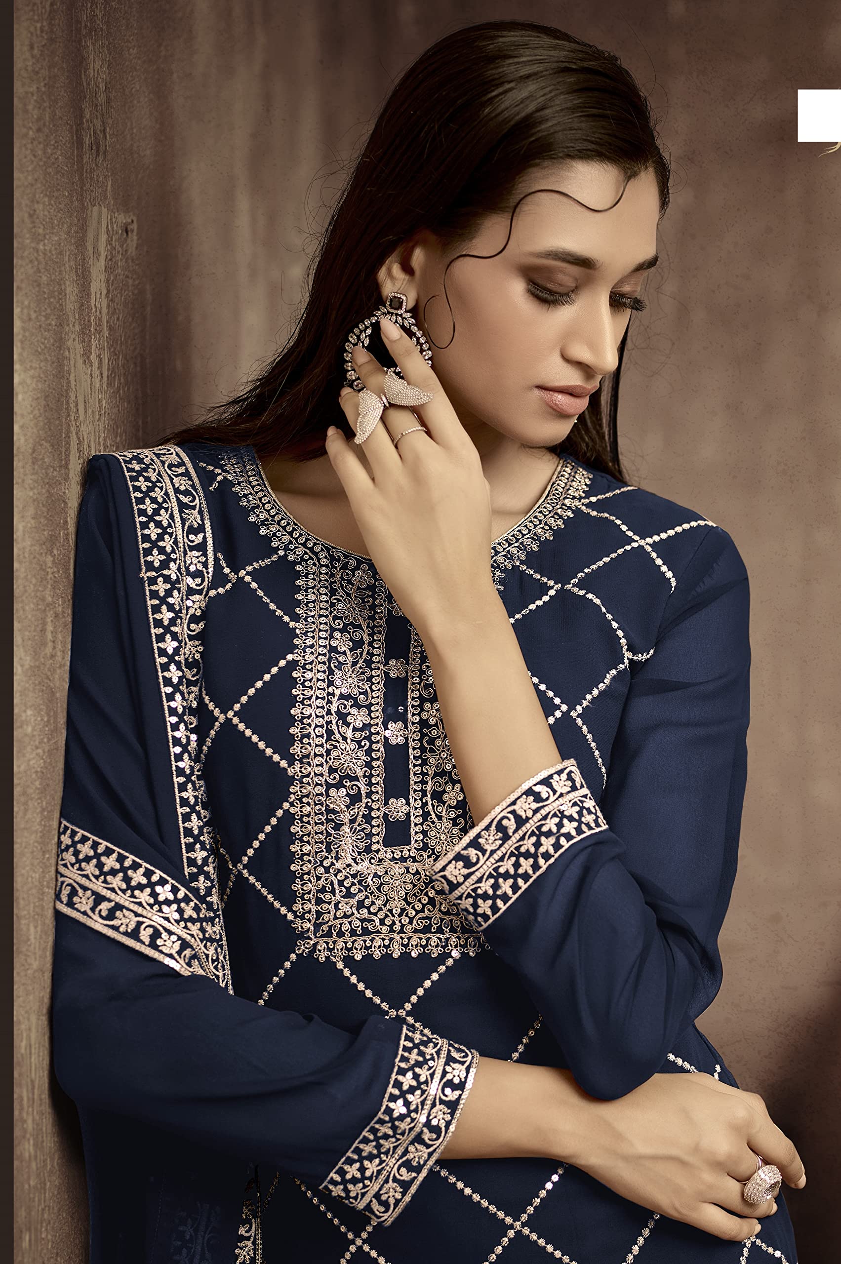 DRAVINAM Trends Women's Heavy Zari Embroidered Real Pure Georgette Salwar Kameez Pakistani Dress Material with Heavy Embroidered Dupatta (Blue)