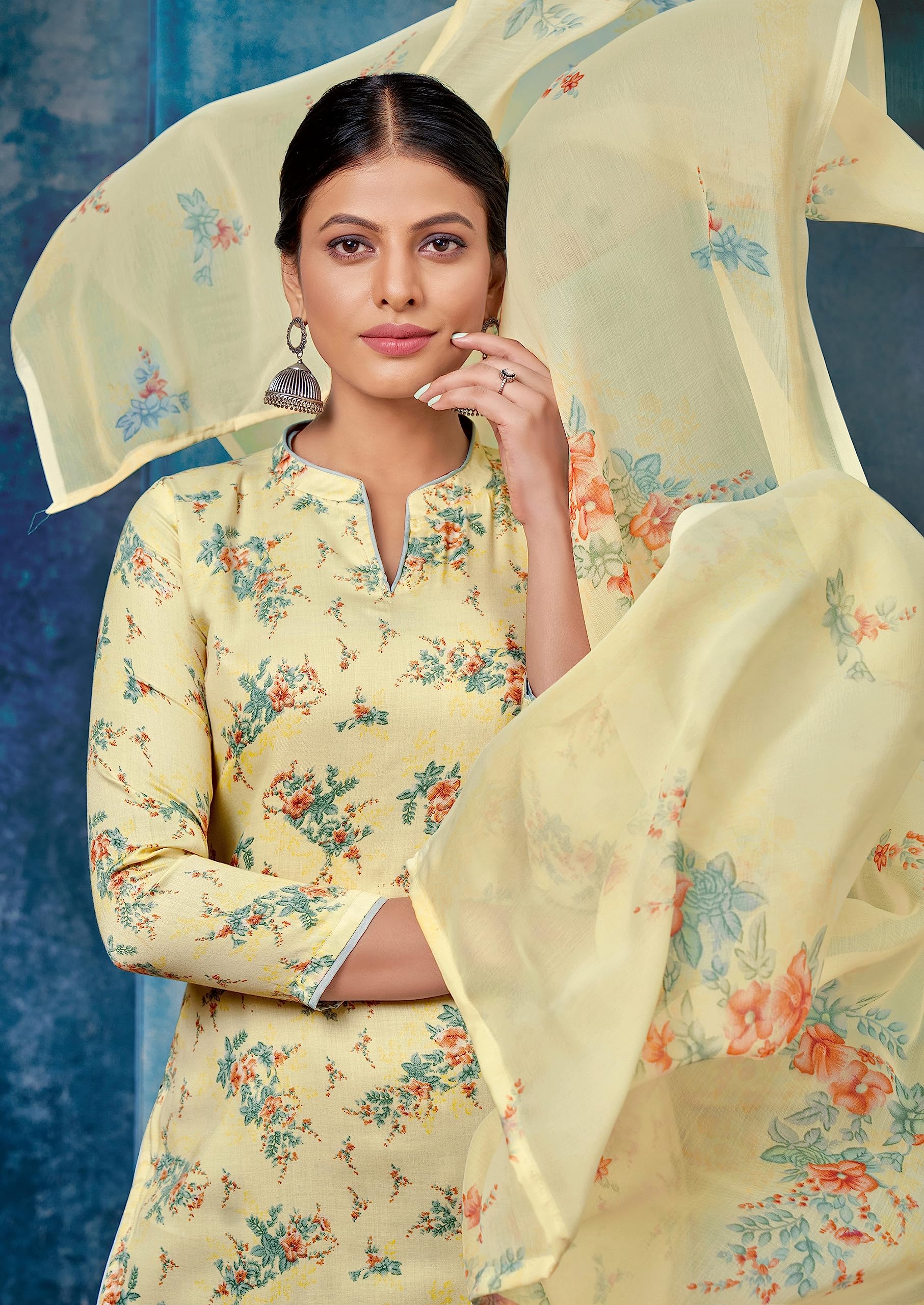 DRAVINAM Trends Unstitched Printed Embroidered Cotton Salwar Suits Dress Material with Chiffon Dupatta