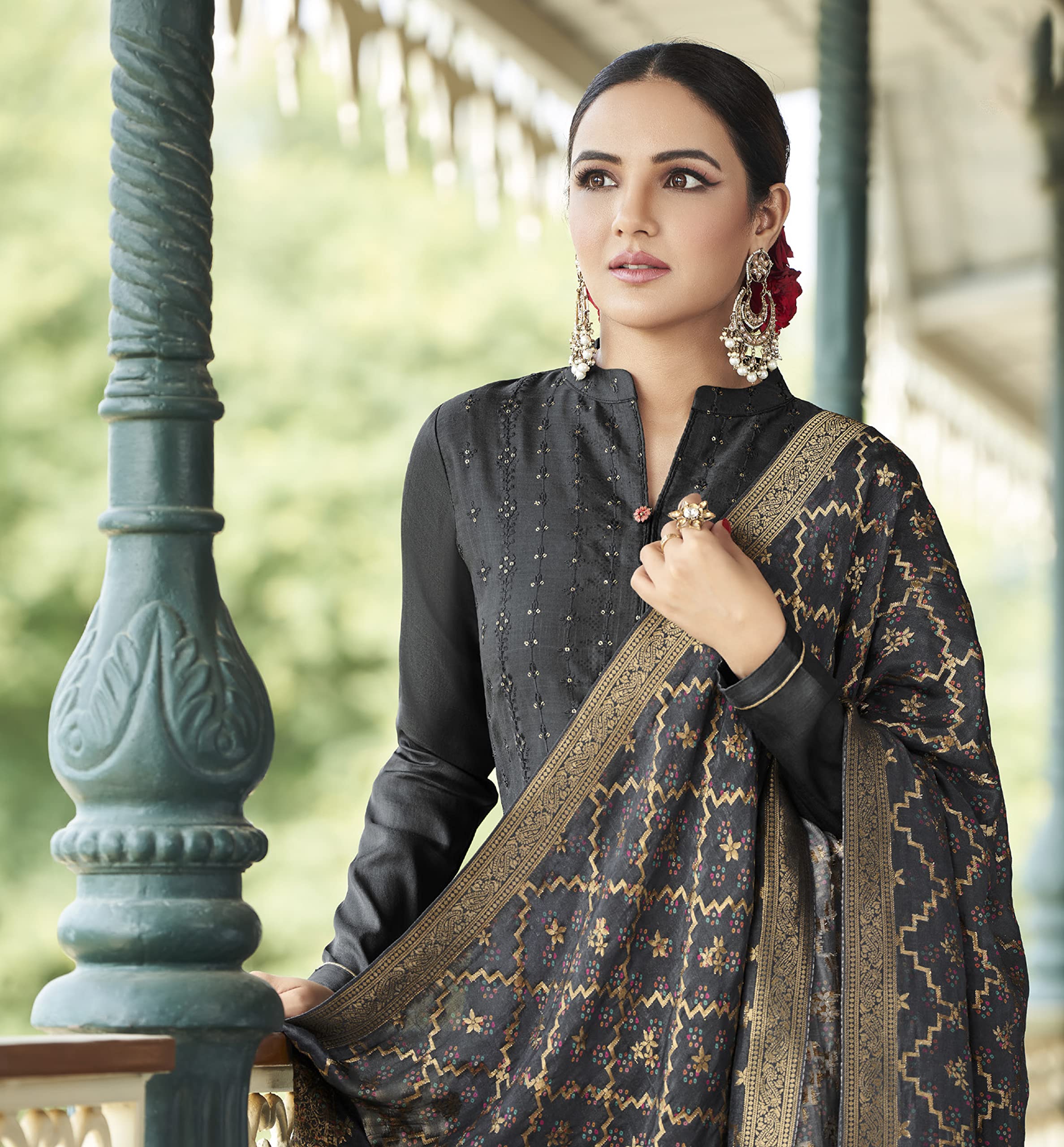 DRAVINAM Trends Women's Festival Tussar Satin Heavy Embroidered Suit Dress Material with Pure Dola Silk Jacquard Bandhani Style Digital Print with Fancy Latkan Dupatta (Grey)