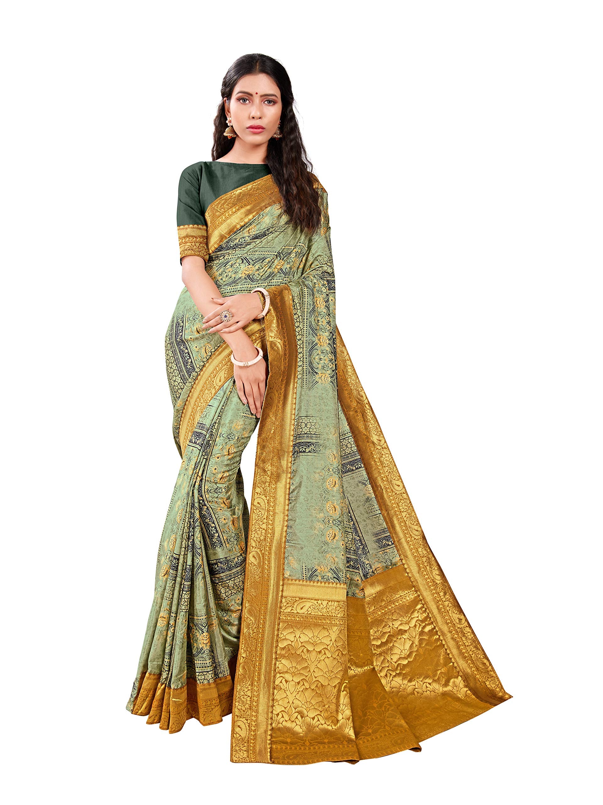 DRAVINAM Trends Printed silk saree with Jacquard Border and Blouse Piece (Green)