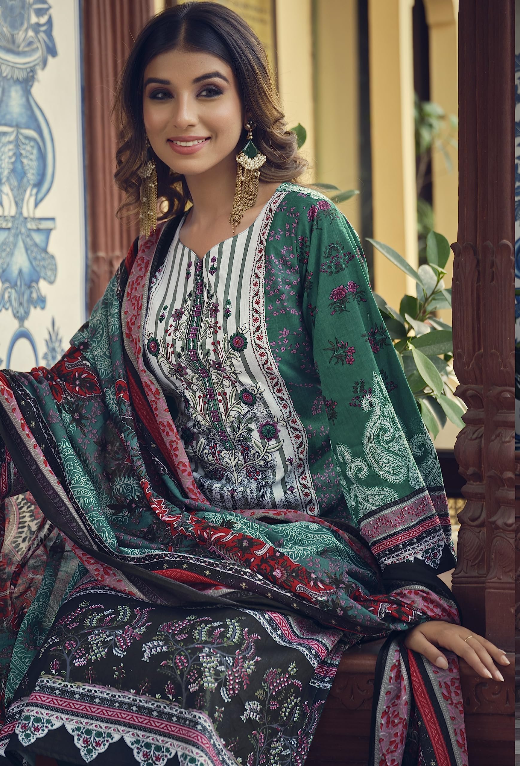 DRAVINAM Trends Women's Unstitched Printed Embroidered Pure Cotton Pakistani Salwar Suit Dress Materials with Cotton printed Dupatta (Black)