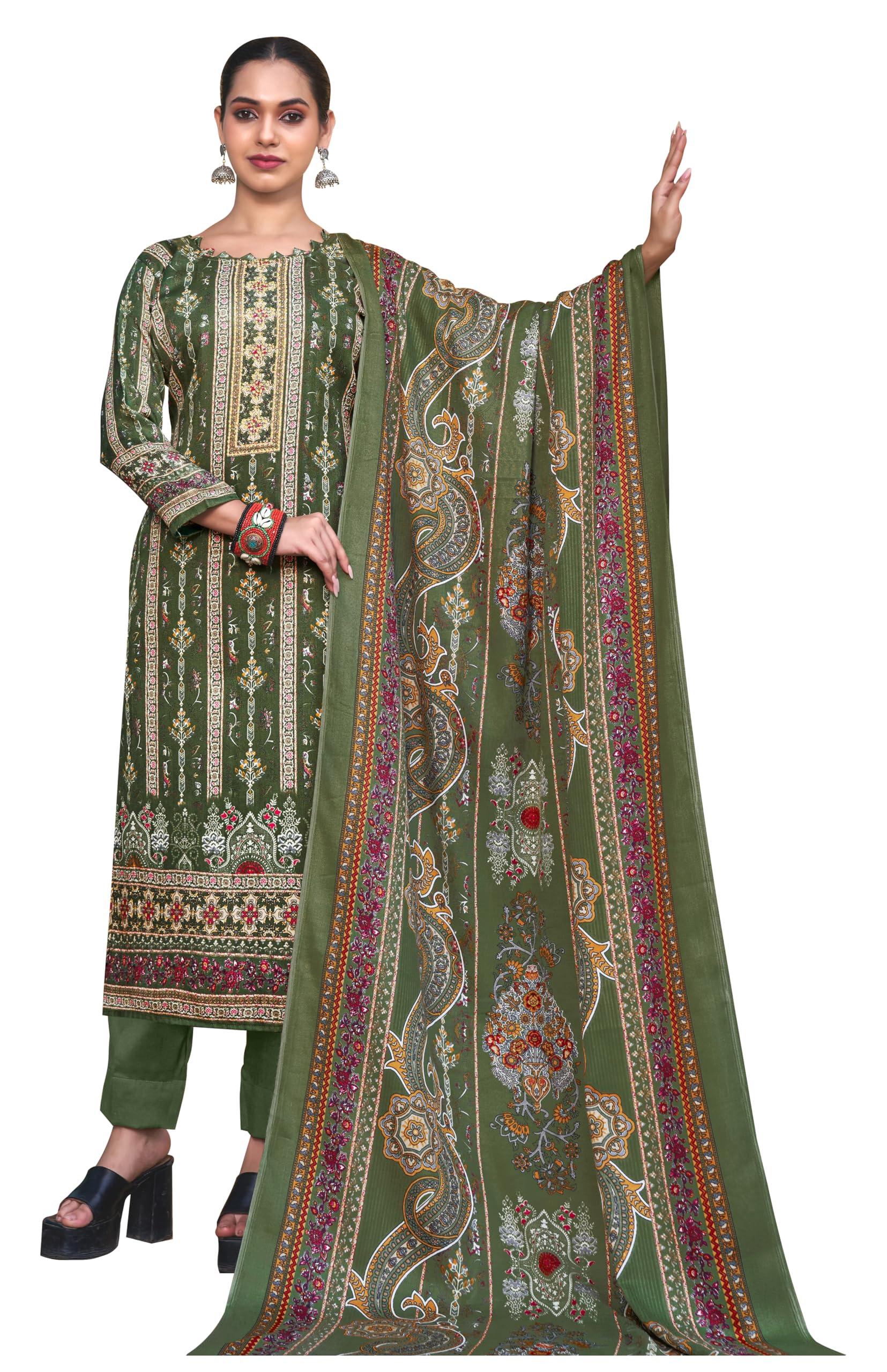 DRAVINAM Trends Women's Kashmiri Printed Pashmina Unstitch Salwar Suit Dress Material with Siroski Work and Twill Pashmina Printed Shawl Dupatta