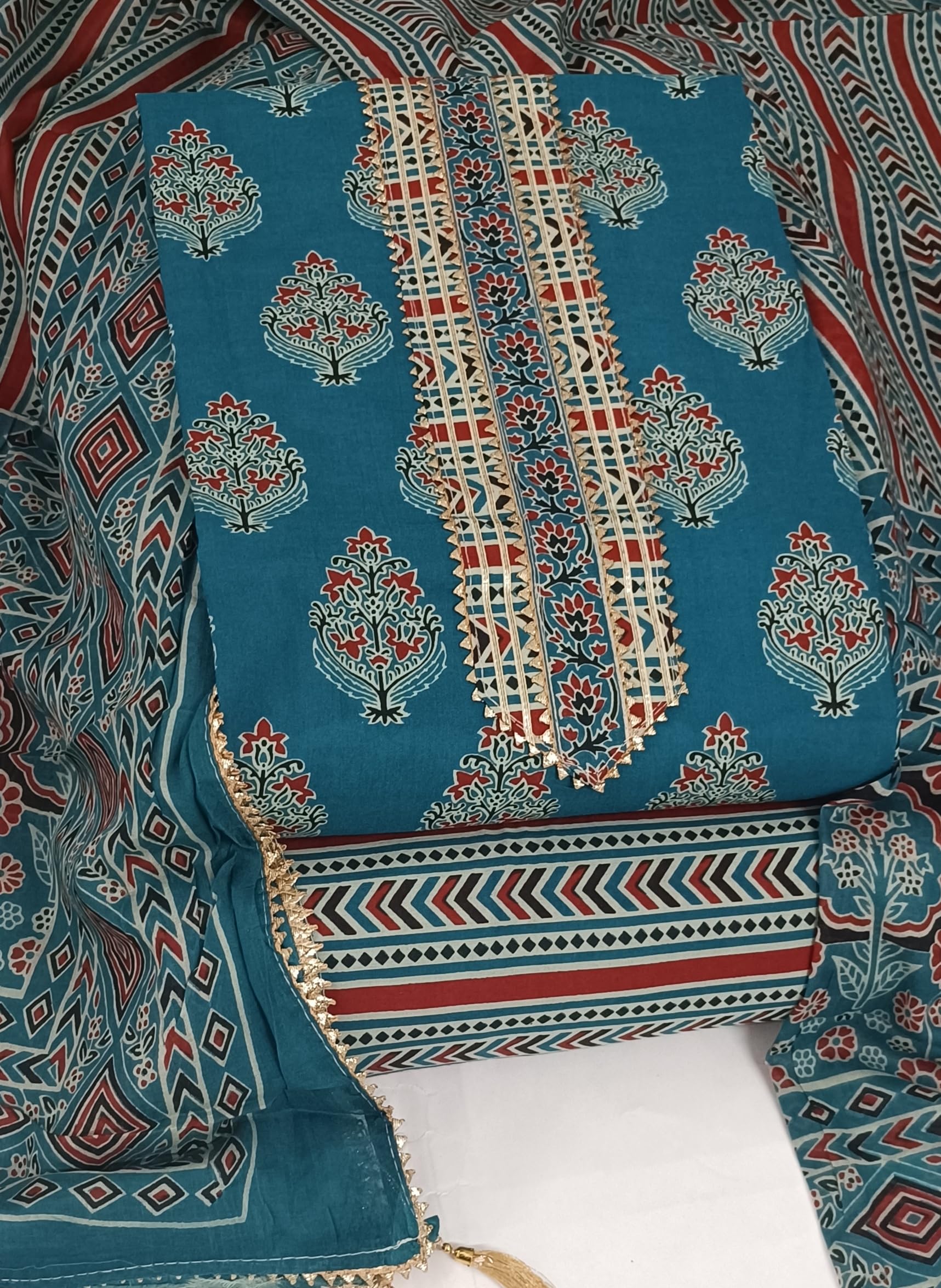 DRAVINAM Trends Women's Jaipuri Printed Embroidered and Hand Work Premium Cambric Cotton Unstitched Salwar Suit Dress Material with Mulmul Cotton Dupatta