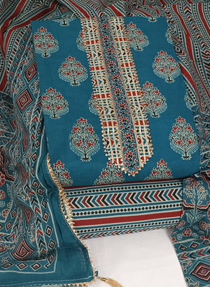DRAVINAM Trends Women's Jaipuri Printed Embroidered and Hand Work Premium Cambric Cotton Unstitched Salwar Suit Dress Material with Mulmul Cotton Dupatta