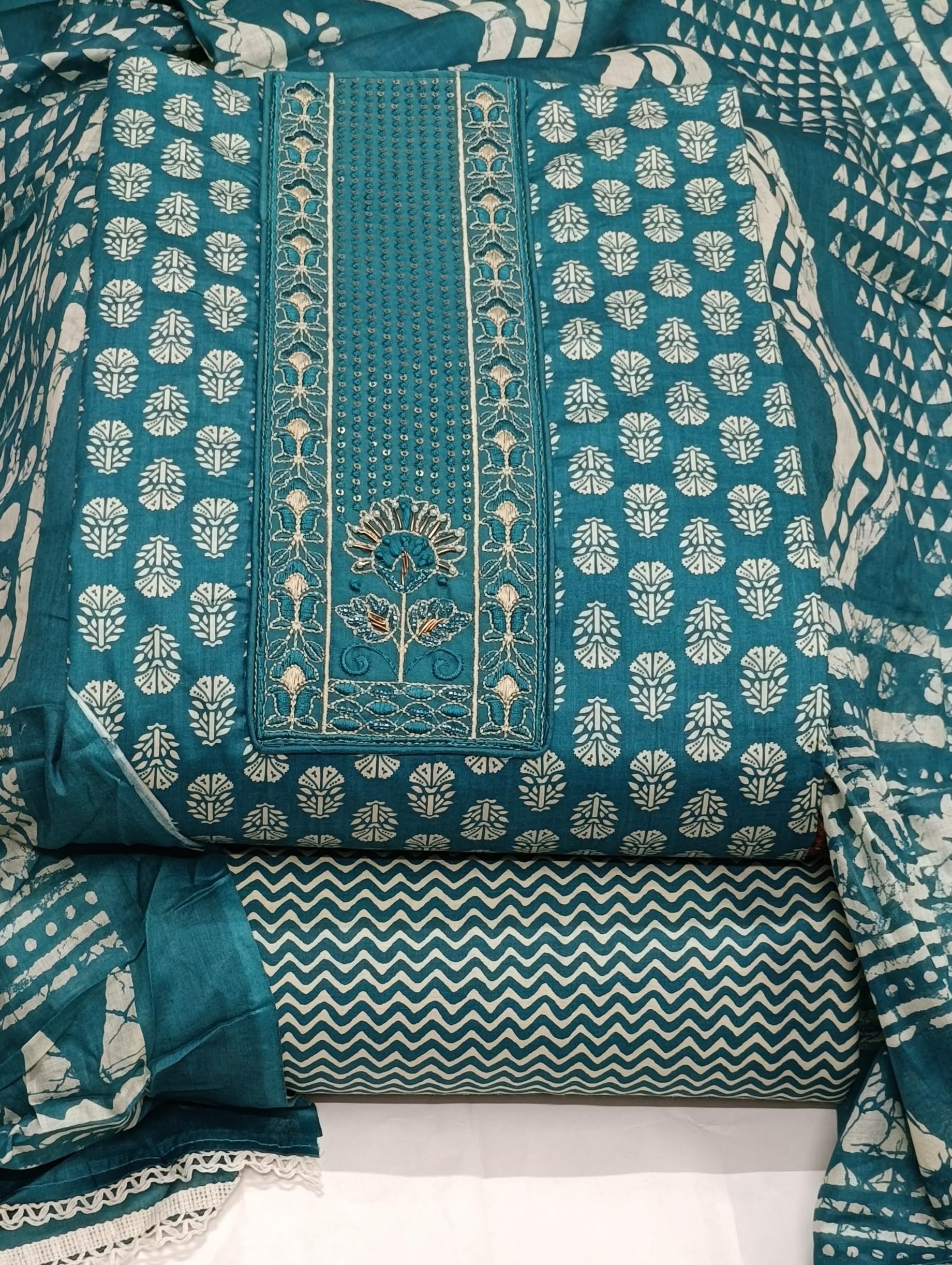 DRAVINAM Trends Women's Printed Embroidered and Hand Work Premium Cotton Jaipuri Unstitched Salwar Suit Dress Material with Mulmul Cotton Dupatta