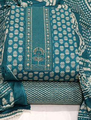 DRAVINAM Trends Women's Printed Embroidered and Hand Work Premium Cotton Jaipuri Unstitched Salwar Suit Dress Material with Mulmul Cotton Dupatta