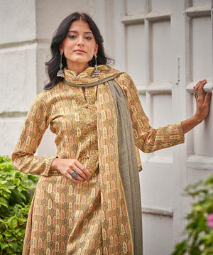 DRAVINAM Trends Women's Pure Pashmina wool Digital Print Fancy Embroidery Work Warm Salwar Kameez Dress Material with Pure Woollen Pashmina Printed Woven Shawl Dupatta (Yellow)