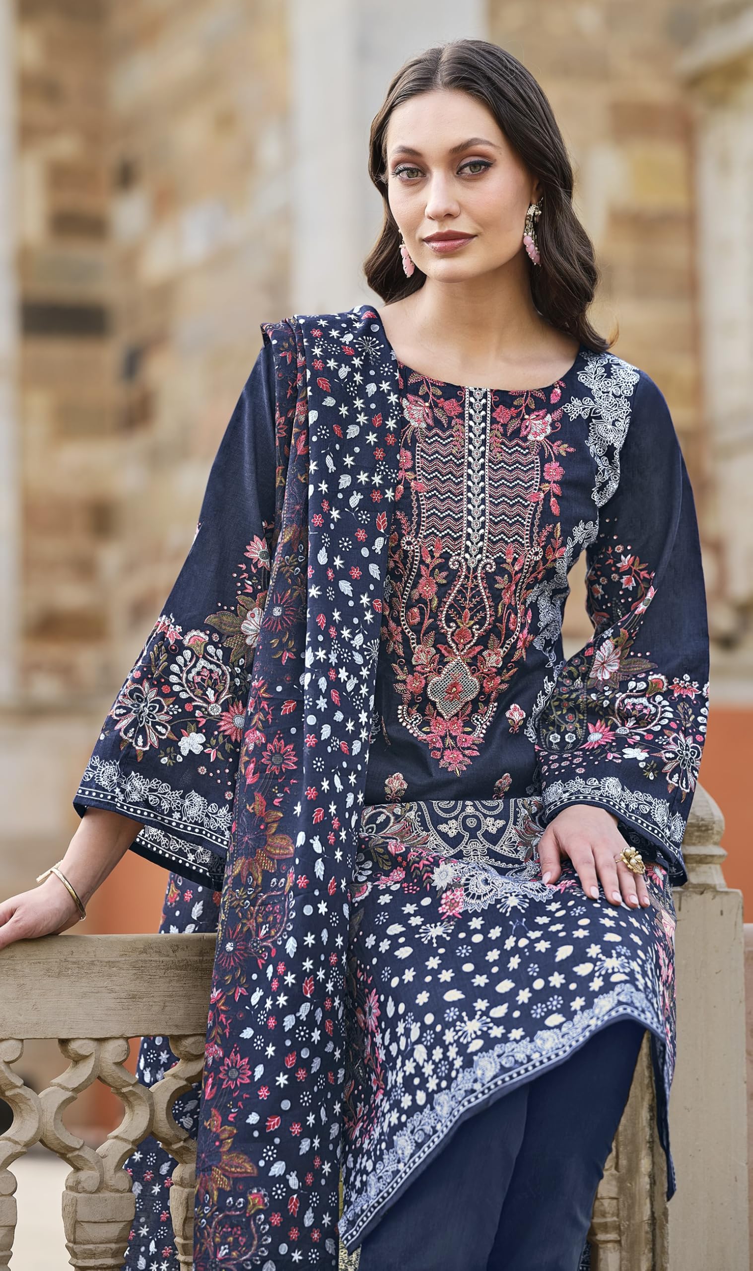 DRAVINAM Trends Women's Stitched Pakistani Print Embroidered Pure Cotton Pant Suit Set with Cotton Printed Dupatta (XL)