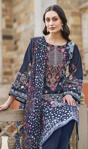 DRAVINAM Trends Women's Stitched Pakistani Print Embroidered Pure Cotton Pant Suit Set with Cotton Printed Dupatta (XL)