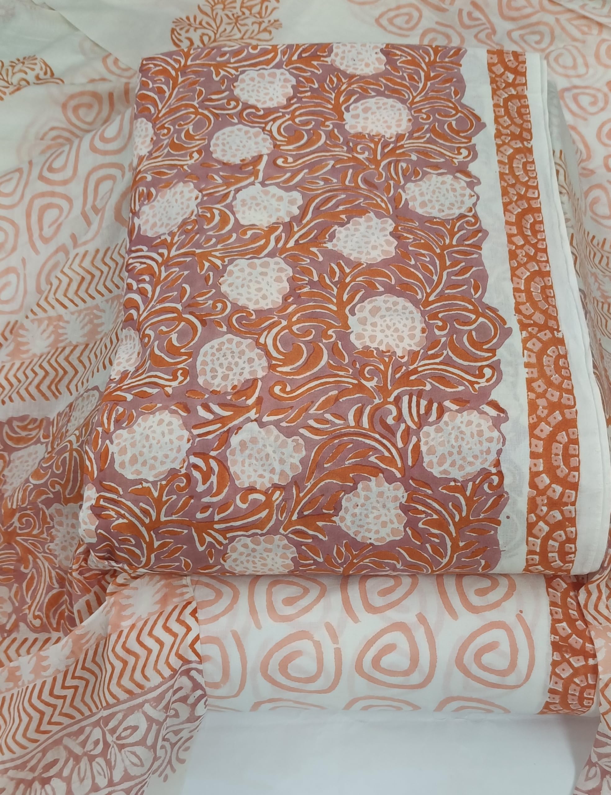 DRAVINAM Trends Hand Block Print Sanganeri Cambric Unstitched Cotton Suit Dress Material for Women with Mulmul Cotton Hand Printed Dupatta