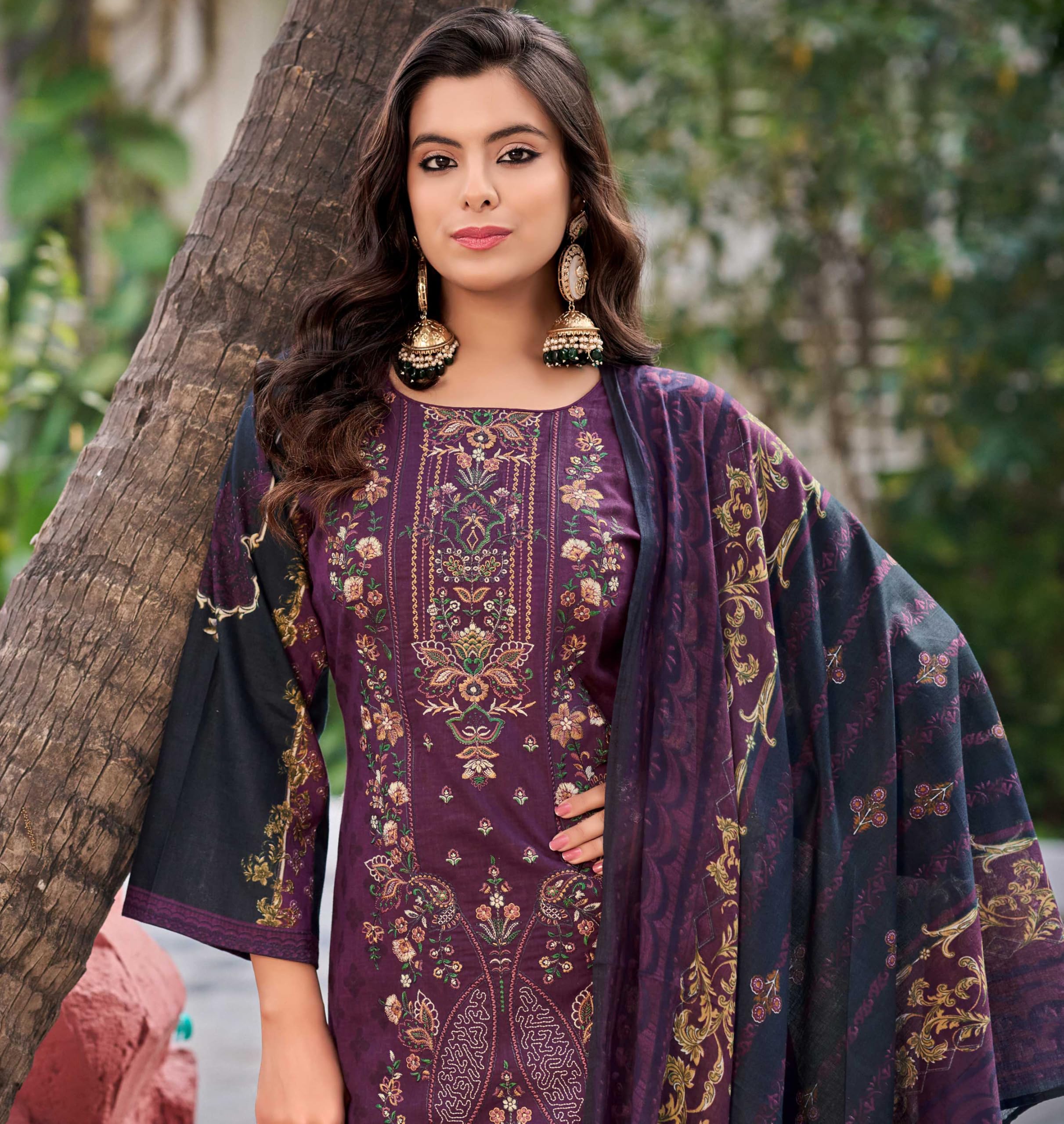 DRAVINAM Trends Women's Pure Lawn Cotton Pakistani Embroidered Suit Dress Material with Unstitched Bottoms and Cotton Dupatta