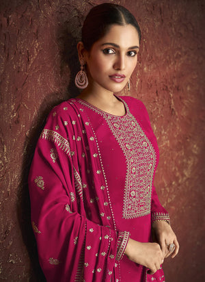 DRAVINAM Trends Women's Pure Georgette Heavy Zari Embroidered Chudidar Suit Dress Material with Zari Embroidered Georgette Dupatta (Free Size_Pink)(Pakistani Salwar Suit)