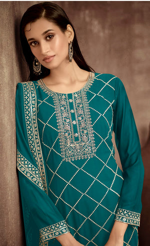 DRAVINAM Trends Women's Heavy Zari Embroidered Real Pure Georgette Salwar Kameez Pakistani Dress Material with Heavy Embroidered Dupatta (Blue)