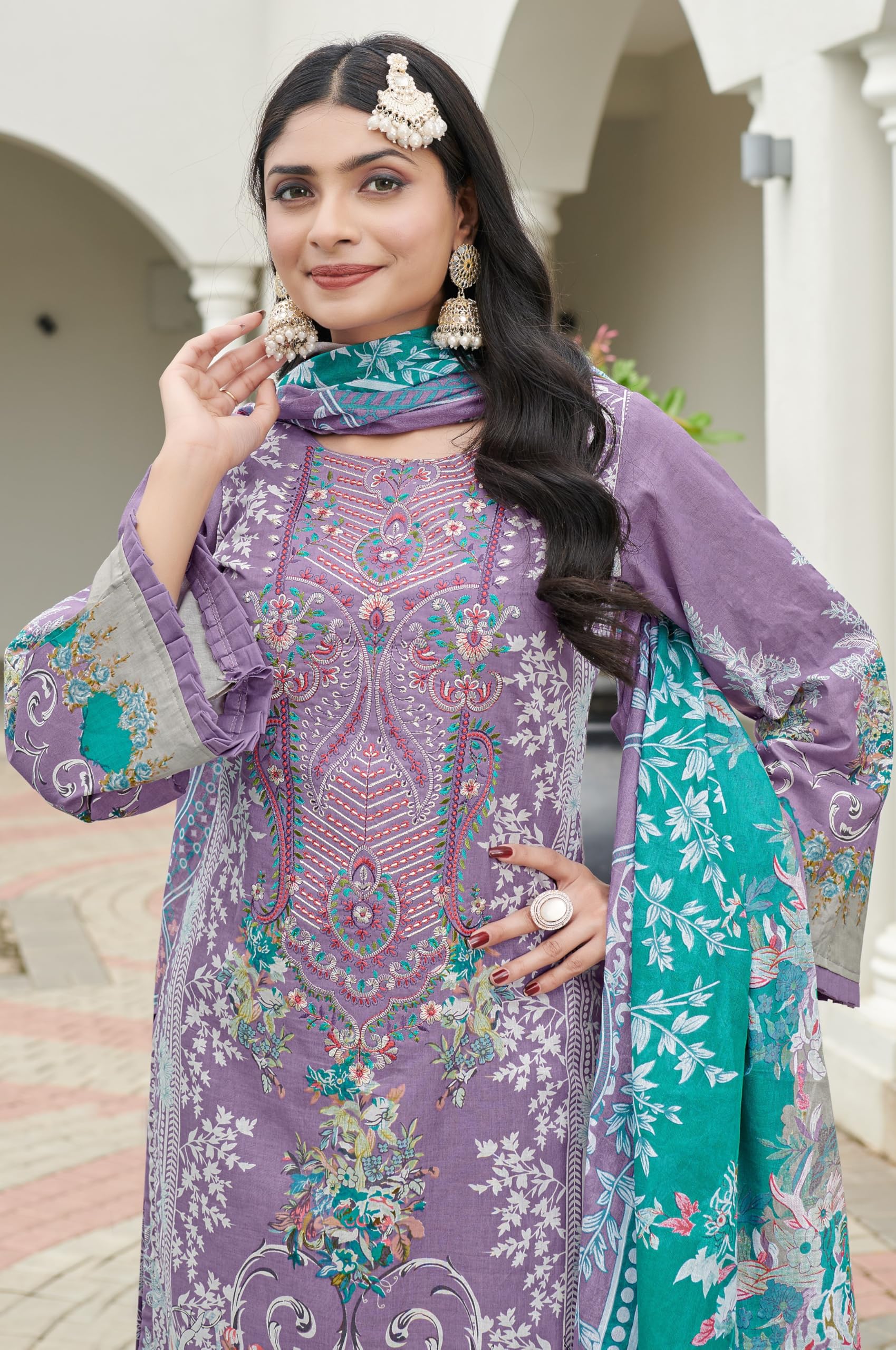 DRAVINAM Trends Unstitched Suit Material Karachi Lawn Cotton Pakistani Digital Printed Embroidered Kameez with Unstitched Bottoms and Cotton Dupatta