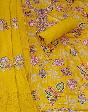 DRAVINAM Trends Women's Modal Floral Printed Unstitched Suit Set with Embroidered Neck Yoke, Malai Cotton Bottom & Soft Silk Dupatta