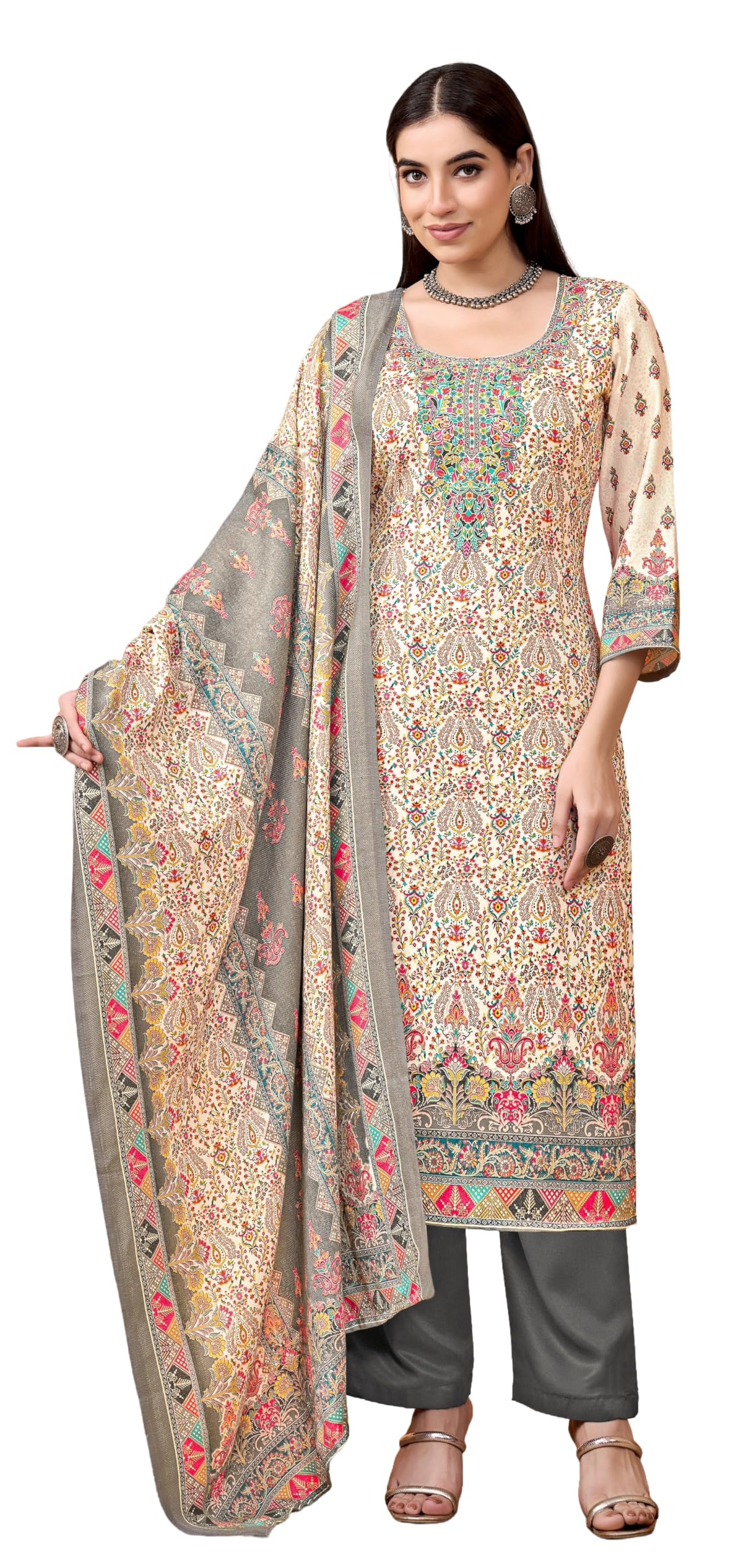 DRAVINAM Trends Women's Winter Wear Pure Viscose Woolen Pashmina Digital Kani Printed Swaroski Work Unstitch Salwar Suit Dress Material with Pure Digital Viscose Pashmina Woolen Warm Shawl Dupatta
