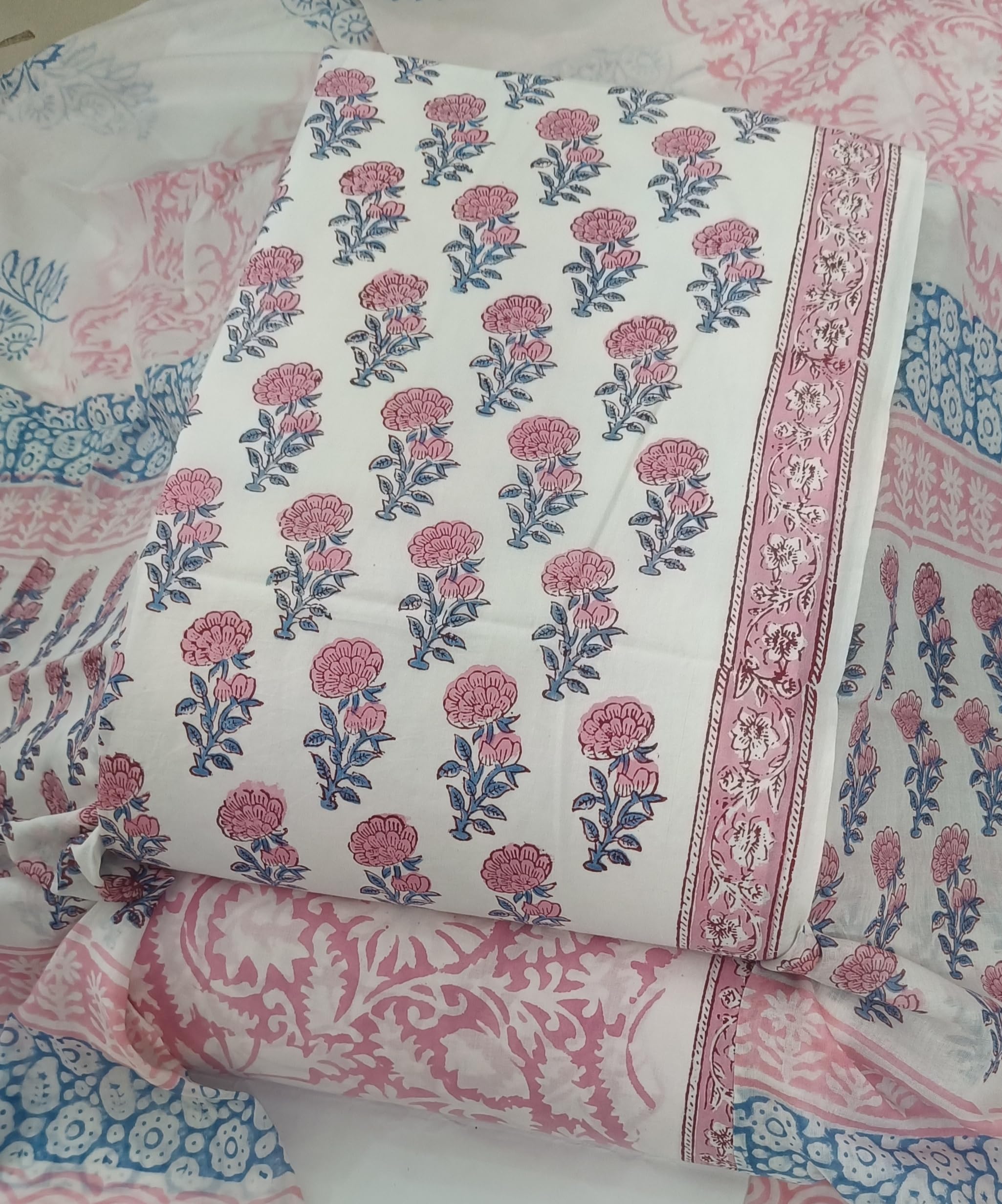 DRAVINAM Trends Hand Block Print Jaipuri Cambric Unstitched Cotton Suit Dress Material for Women with Mulmul Cotton Hand Printed Dupatta