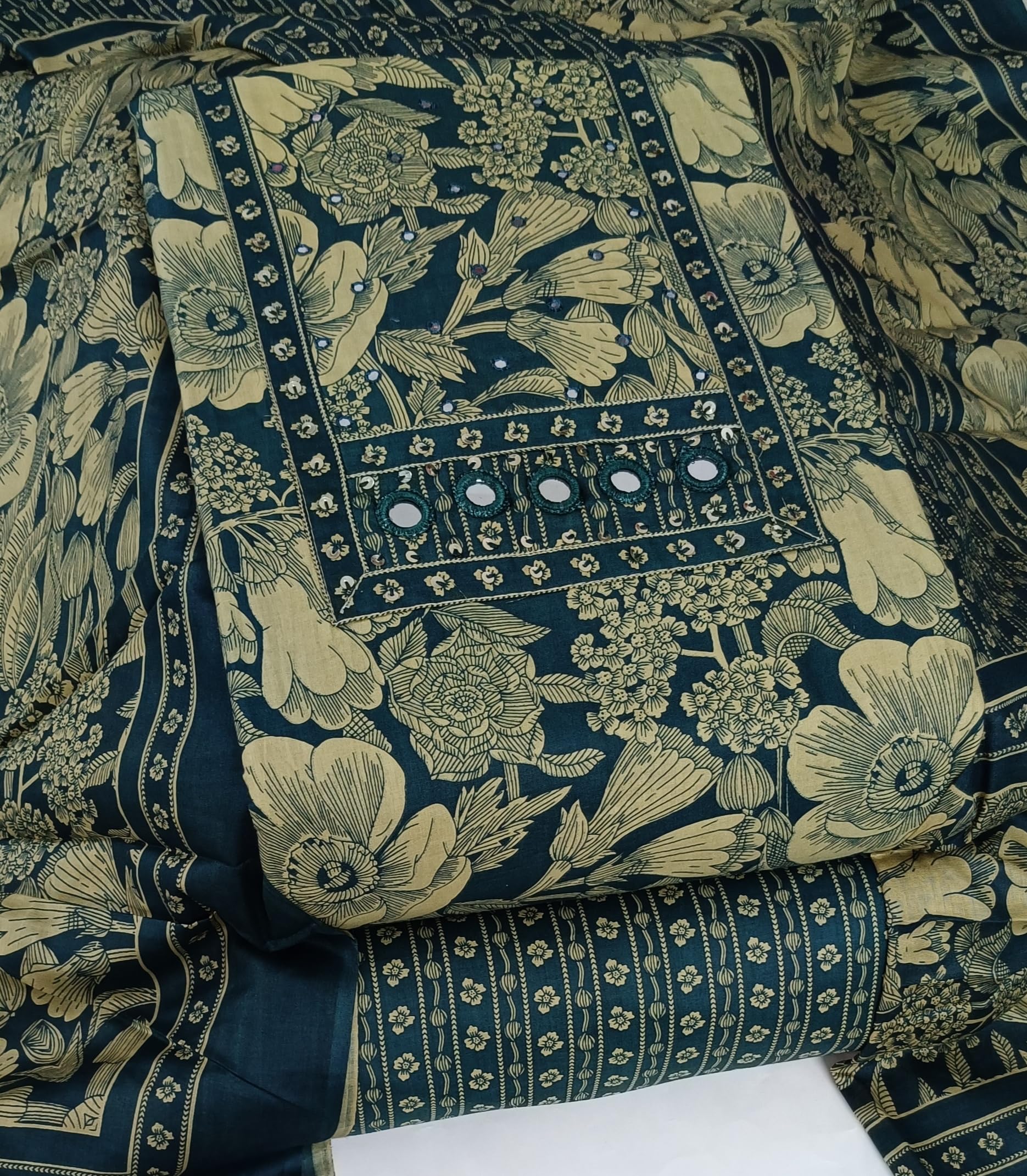 DRAVINAM Trends Women's Printed Embroidered and Hand Work Premium Cotton Jaipuri Unstitched Salwar Suit Dress Material with Mulmul Cotton Dupatta