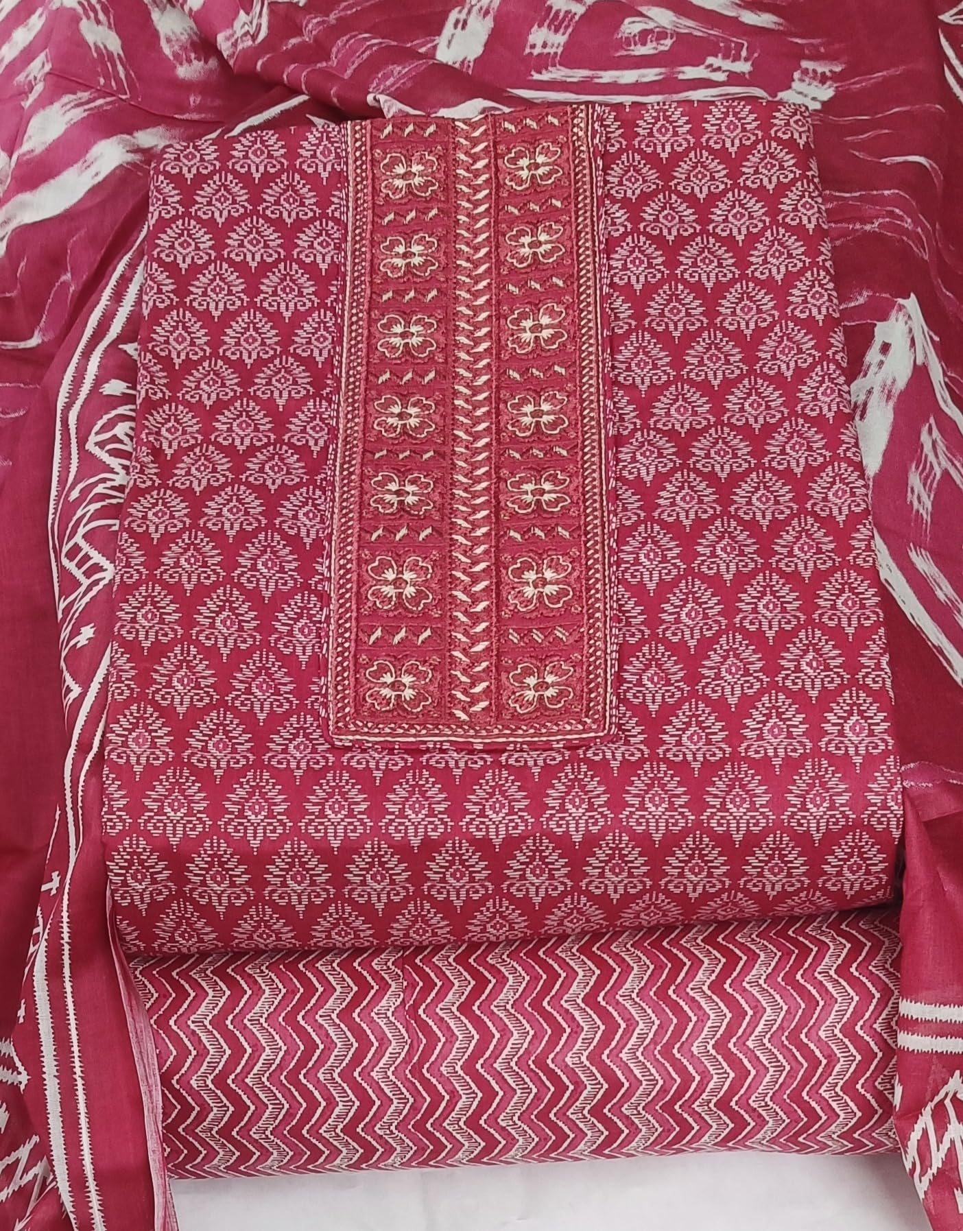 DRAVINAM Trends Women's Premium Cotton Jaipuri Printed Embroidered and Hand Work Unstitched Salwar Suit Dress Material with Mulmul Cotton Dupatta